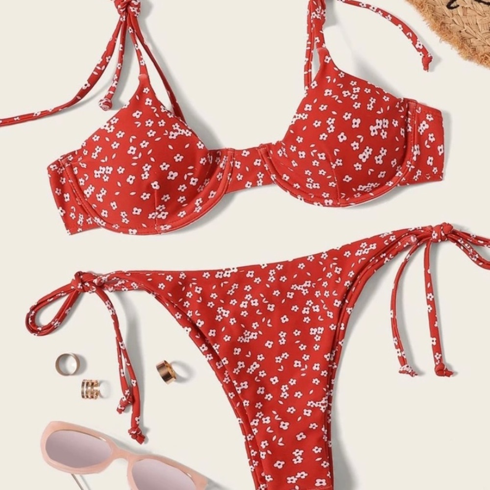 Red Floral Bikini Set with ties
